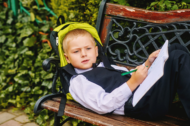 красивый мальчик дошкольник с блокнотом в парке. дошкольное образование
 - Фото, изображение