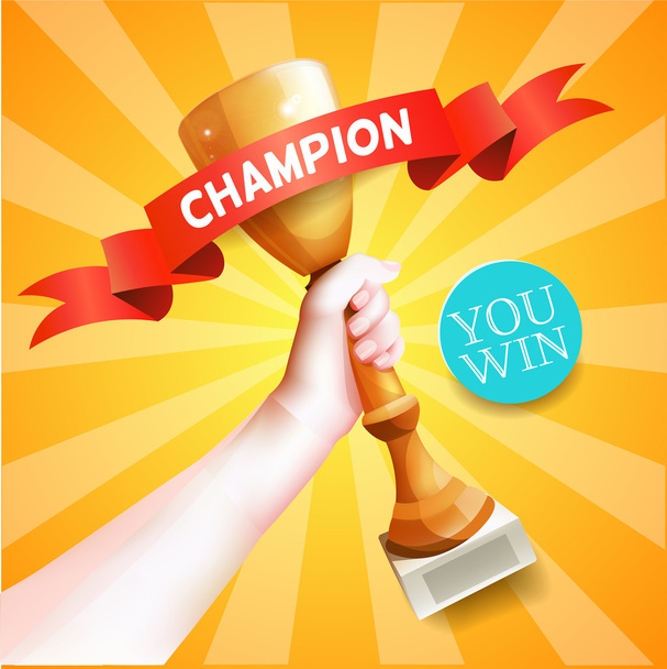 Hand Holding Up Trophy. Vector Winner Cup Illustration with Red Champion Ribbon. - Vecteur, image