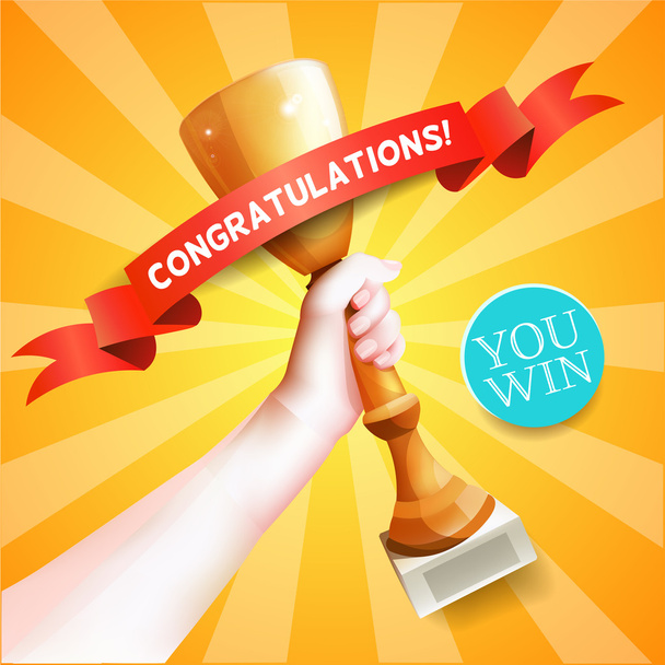 Hand Holding Up Trophy. Vector Winner Cup Illustration with Red Ribbon with Congratulations. - Vetor, Imagem