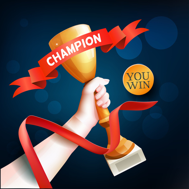 Hand Holding Up Trophy. Vector Winner Cup Illustration with Red Champion Ribbon. - Vektor, kép