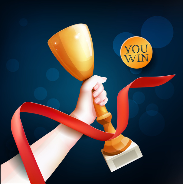 Hand Holding Up Trophy. Vector Winner Cup Illustration. Red ribbon. - Vector, Image