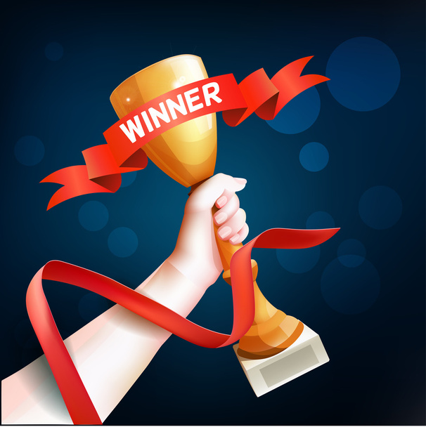 Hand Holding Up Trophy. Vector Winner Cup Illustration with Red Winner Ribbon. - Vetor, Imagem