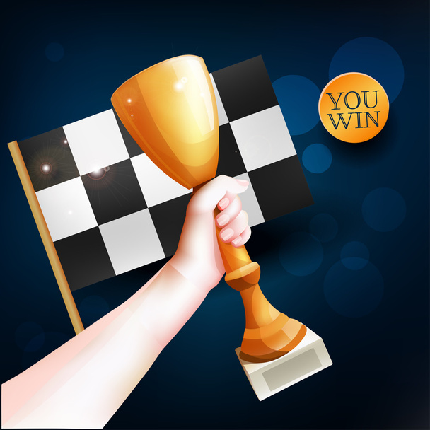 Hand Holding Up Trophy. Vector Winner Cup Illustration with Red Ribbon and Checkered Flag - Vector, Image