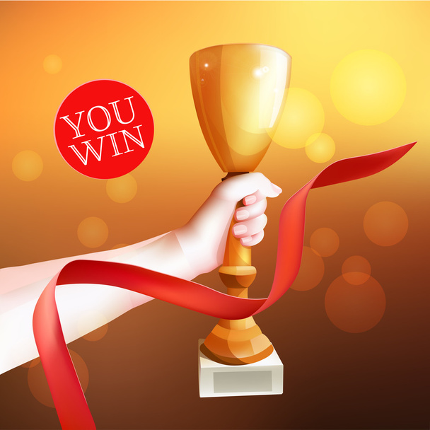 Hand Holding Up Trophy. Vector Winner Cup Illustration. Red ribbon. - ベクター画像