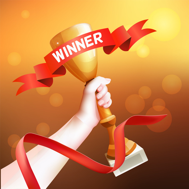 Hand Holding Up Trophy. Vector Winner Cup Illustration with Red Winner Ribbon. - Διάνυσμα, εικόνα