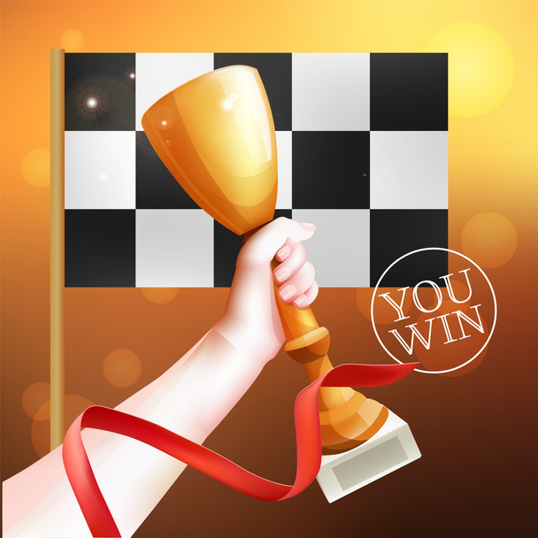 Hand Holding Up Trophy. Vector Winner Cup Illustration with Red Ribbon and Checkered Flag - ベクター画像