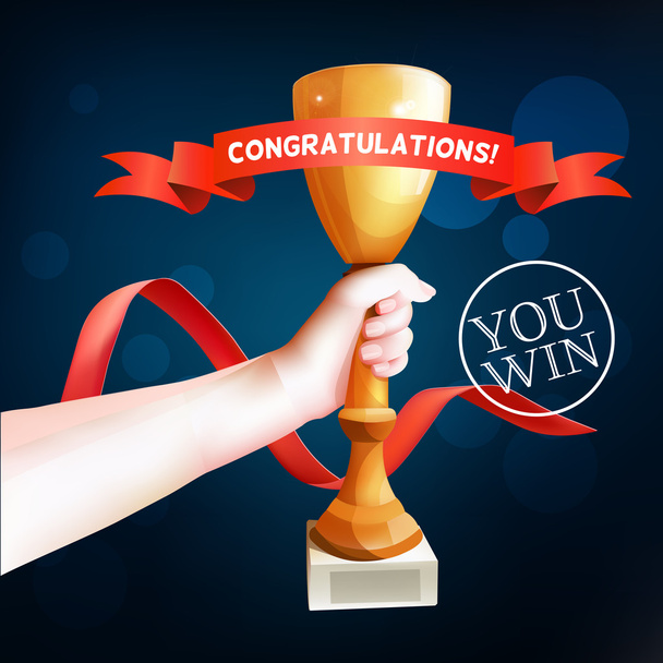 Hand Holding Up Trophy. Vector Winner Cup Illustration with Red Ribbon with Congratulations. - Vetor, Imagem