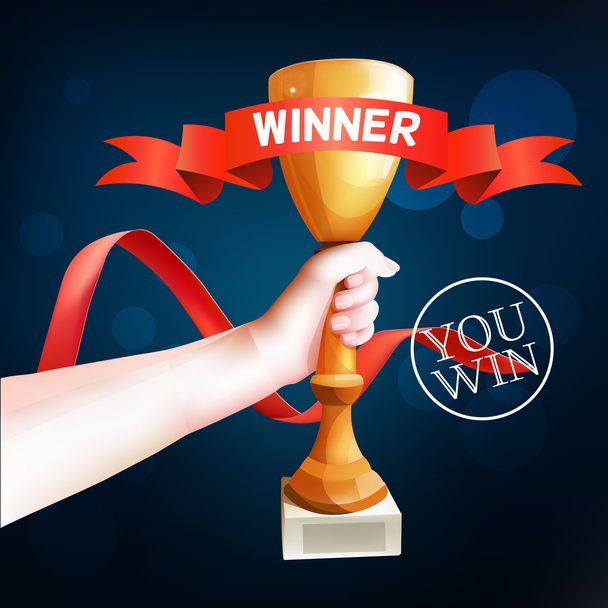 Hand Holding Up Trophy. Vector Winner Cup Illustration with Red Winner Ribbon. - ベクター画像