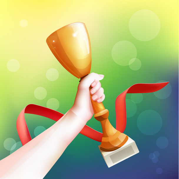 Hand Holding Up Trophy. Vector Winner Cup Illustration. Red ribbon. - Vector, Image
