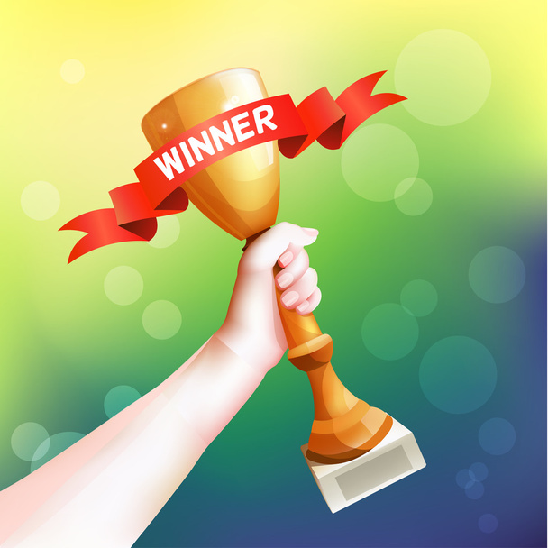 Hand Holding Up Trophy. Vector Winner Cup Illustration with Red Winner Ribbon. - Vector, Imagen