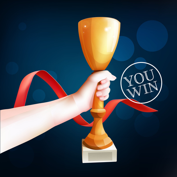 Hand Holding Up Trophy. Vector Winner Cup Illustration. Red ribbon. - Vector, afbeelding