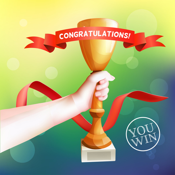 Hand Holding Up Trophy. Vector Winner Cup Illustration with Red Ribbon with Congratulations. - Vector, Imagen