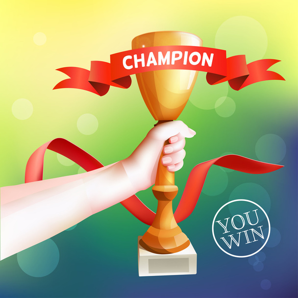 Hand Holding Up Trophy. Vector Winner Cup Illustration with Red Champion Ribbon. - Διάνυσμα, εικόνα