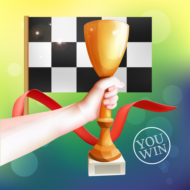 Hand Holding Up Trophy. Vector Winner Cup Illustration with Red Ribbon and Checkered Flag - Vektör, Görsel