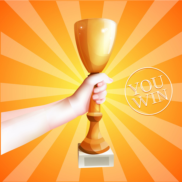 Hand Holding Up Trophy. Vector Winner Cup Illustration. - Vector, Image