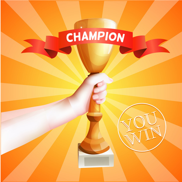 Hand Holding Up Trophy. Vector Winner Cup Illustration with Red Champion Ribbon. - Vector, Imagen