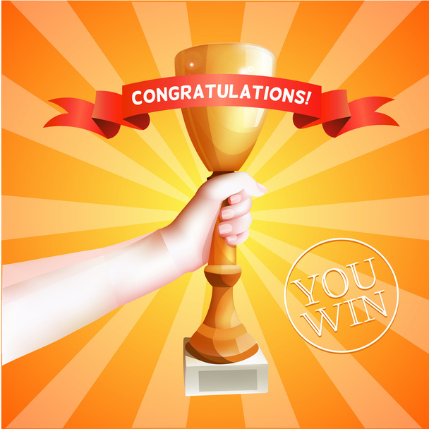 Hand Holding Up Trophy. Vector Winner Cup Illustration with Red Ribbon with Congratulations. - Vektör, Görsel