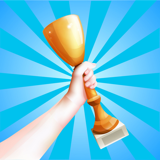 Hand Holding Up Trophy. Vector Winner Cup Illustration. - Vector, Image