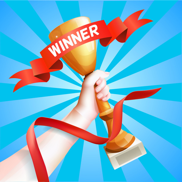 Hand Holding Up Trophy. Vector Winner Cup Illustration with Red Winner Ribbon. - Vector, afbeelding