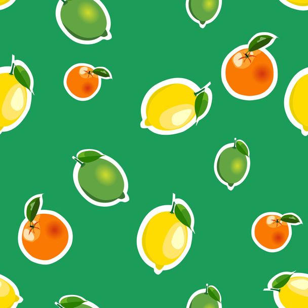 Seamless pattern with lemon, orange, lime. Fruit isolated on a green background - ベクター画像