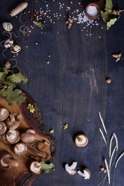 Shiitake mushrooms herbs and spices. Fall menu ingredients. Preserves making background. Top view, copy space. - Фото, зображення