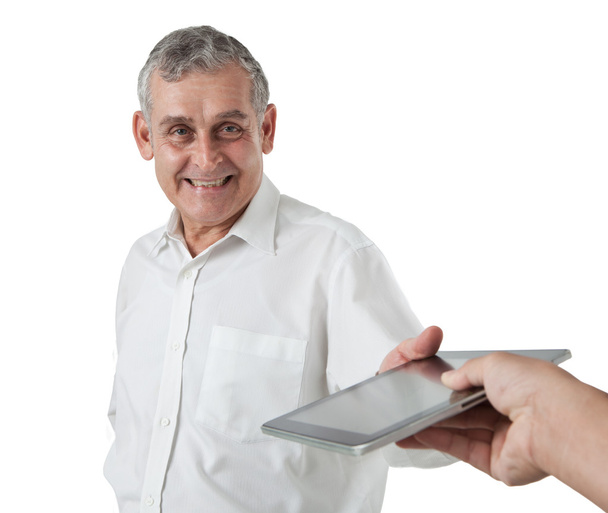 ο άνθρωπος των επιχειρήσεων με σύγχρονη tablet pc, επιφάνεια, έξυπνο τηλέφωνο αφής - Φωτογραφία, εικόνα