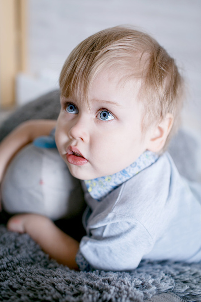 Retrato de menino com um grande urso de brinquedo no estúdio
 - Foto, Imagem