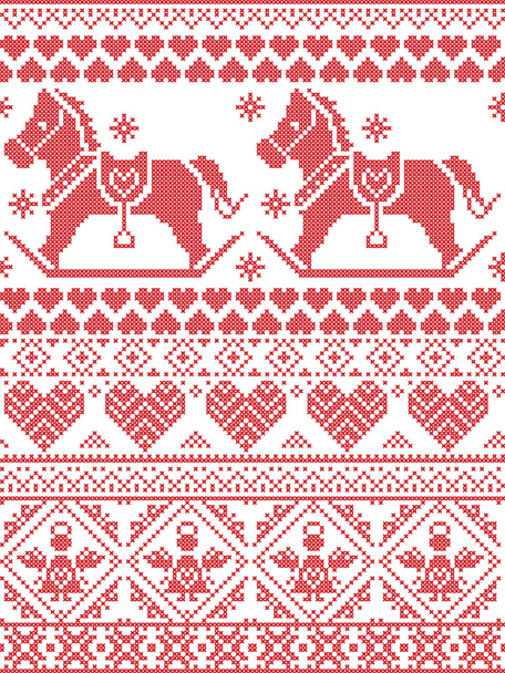 Bezproblémové skandinávské tisknout textilní styl a inspirován norské vánoční a slavnostní zimní bezešvé vzor v cross steh s sněhové vločky, houpací koně, andělé srdce a dekorativní ozdoby - Vektor, obrázek