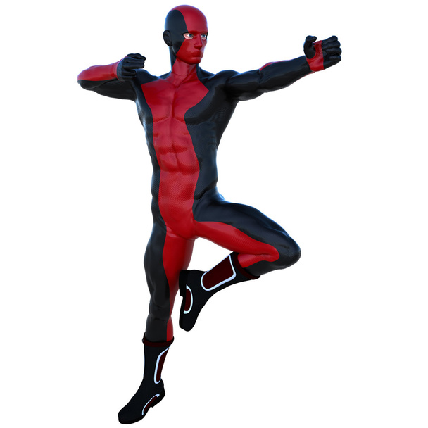 um jovem super-herói homem com músculos em vermelho preto super terno
. - Foto, Imagem