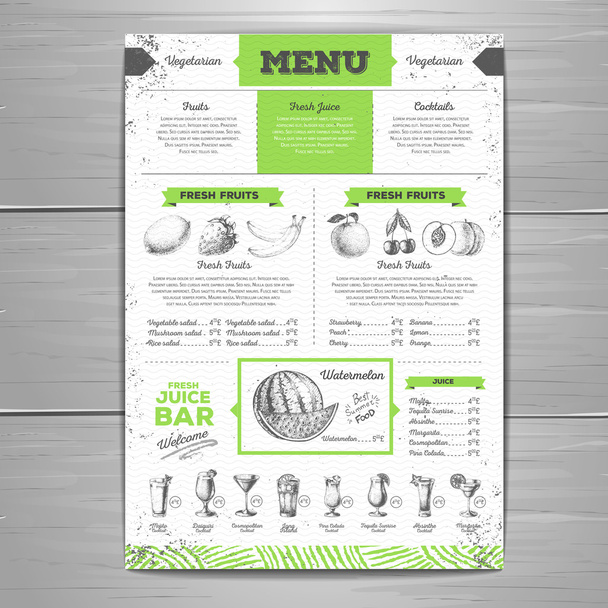 Vintage grunge vegetarian food menu design. Fresh fruit sketch - Vecteur, image