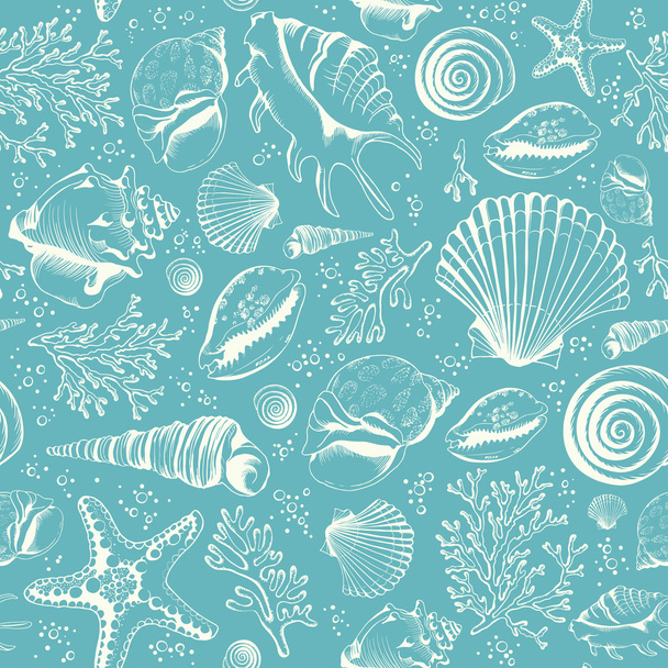 Seamless pattern with seashells on blue - Vector, afbeelding