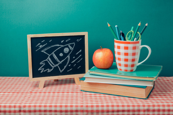 chalkboard, books and apple - Fotoğraf, Görsel