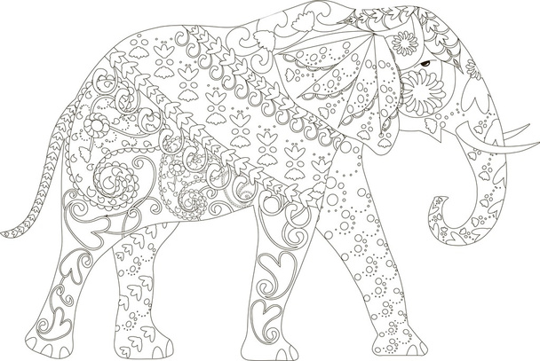 Stilizált fekete-fehér kézzel rajzolt elefánt, anti-stressz, vektoros illusztráció - Vektor, kép