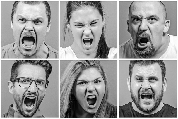 Collage de personas gritando en blanco y negro
 - Foto, Imagen
