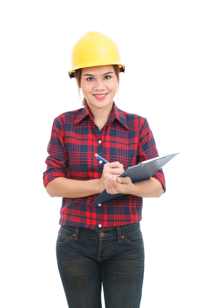 Asian engineer woman with clipboard isolated on white background - Φωτογραφία, εικόνα