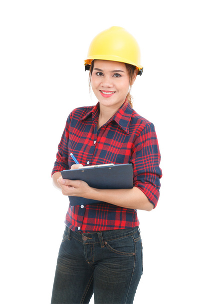 Asian engineer woman with clipboard isolated on white background - Photo, Image