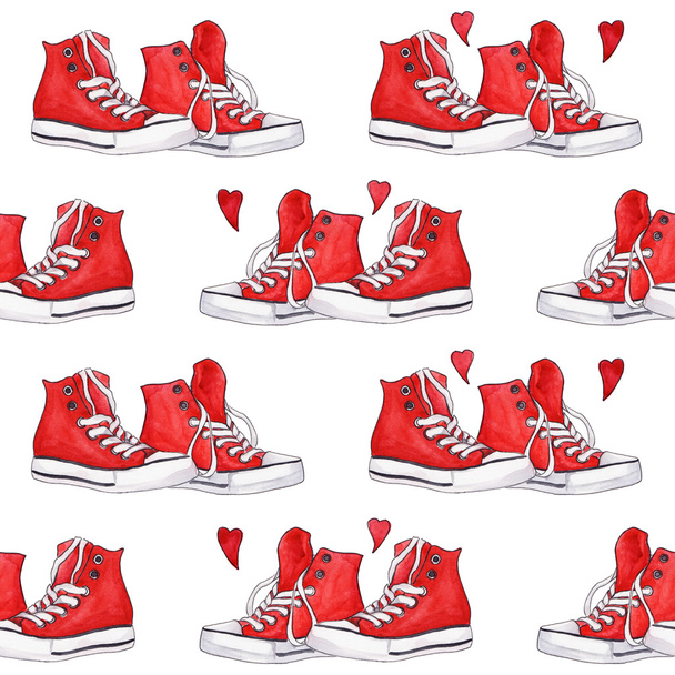 Aquarelle rouge baskets paire coeurs sans couture motif fond
 - Photo, image