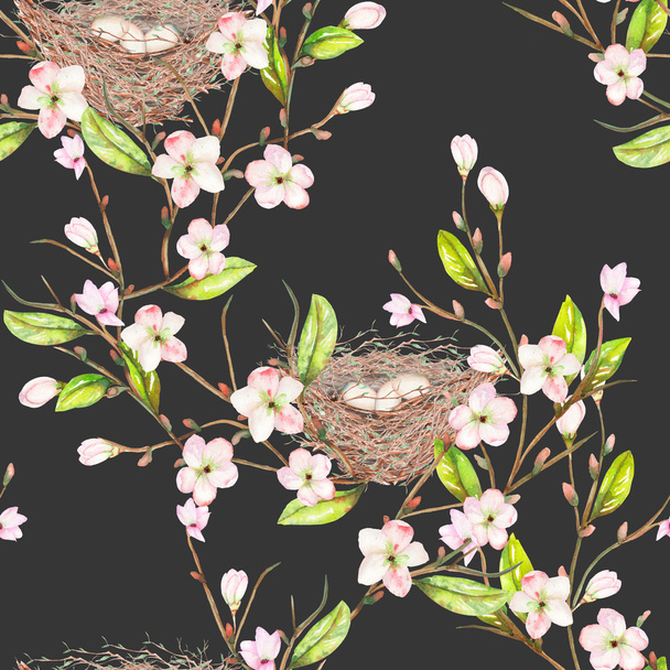 Saumaton kuvio akvarelli pesien oksat keväällä kukkia, käsin piirretty tummalla pohjalla
 - Valokuva, kuva