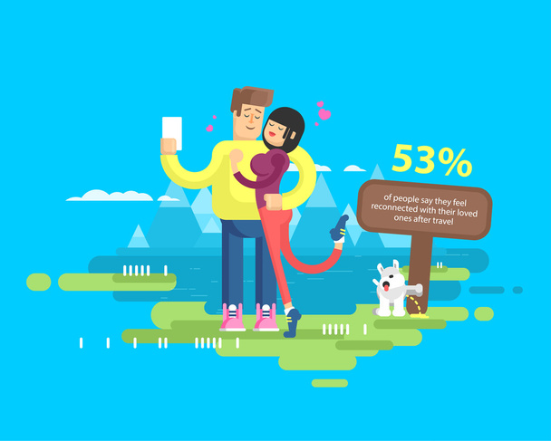 illustration of happy married couple on vacation, man and woman make selfie - Vector, Image