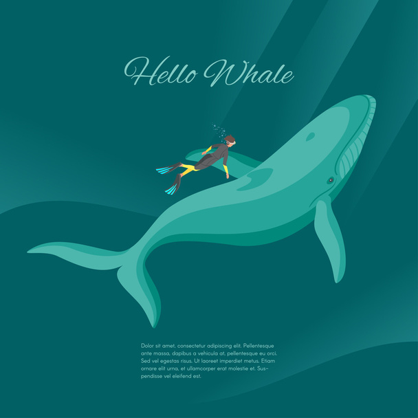 Isometric 3d vector illustration of diver and whale underwater - Vector, Image