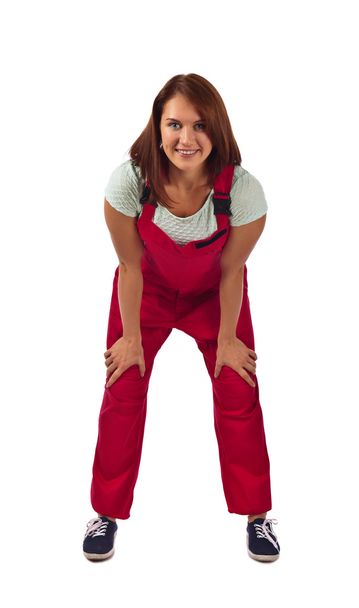  woman in red overalls  , isolated on white - Foto, Bild
