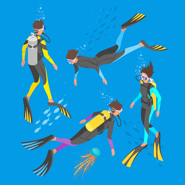 Isométrico 3d vetor ilustração de mergulhadores
. - Vetor, Imagem