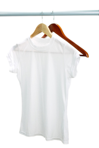 White t-shirt on hanger isolated on white - Φωτογραφία, εικόνα
