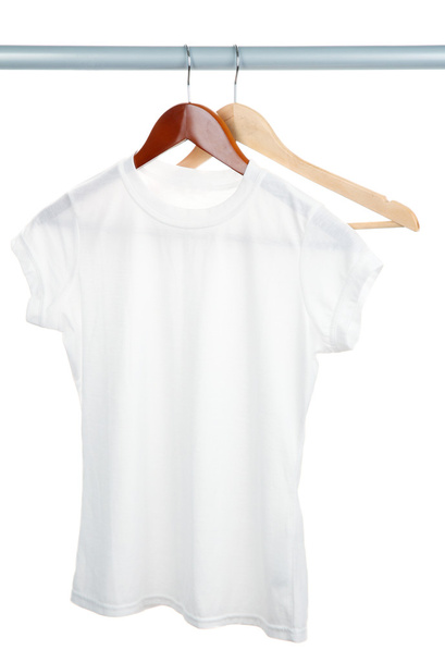 White t-shirt on hanger isolated on white - Fotografie, Obrázek