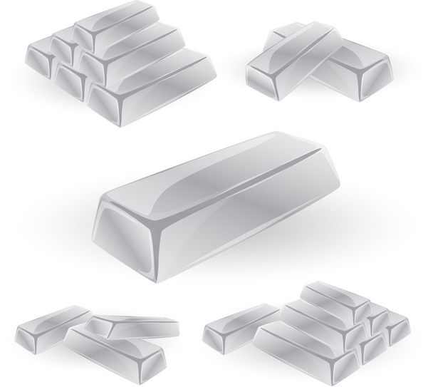 Купка блискучих срібних смуг значка в ізометричному 3d стилі ізольовані на білому тлі. Гроші та срібна цегла символ
 - Вектор, зображення