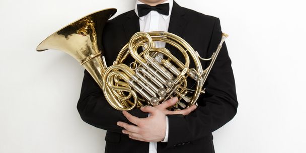 a man and the French horn - Фото, зображення