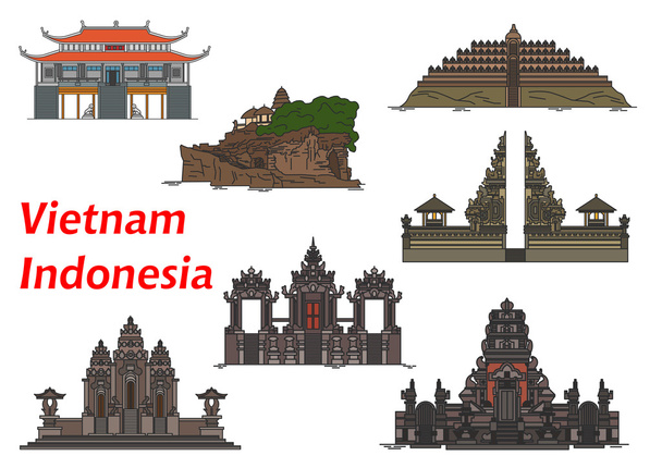 Μνημεία και σημεία ενδιαφέροντος του Βιετνάμ και της Ινδονησίας - Διάνυσμα, εικόνα