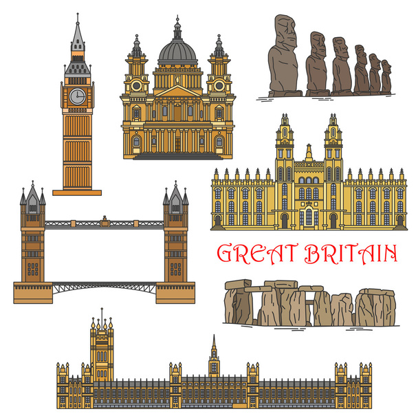 Chileense en Britse toeristische bezienswaardigheid iconen - Vector, afbeelding