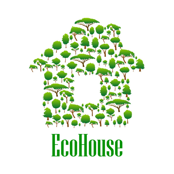 Eco house symbol with green trees and plants - Vector, Image