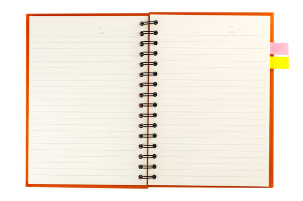 Notebook aberto e nãopapel isolado em branco
 - Foto, Imagem